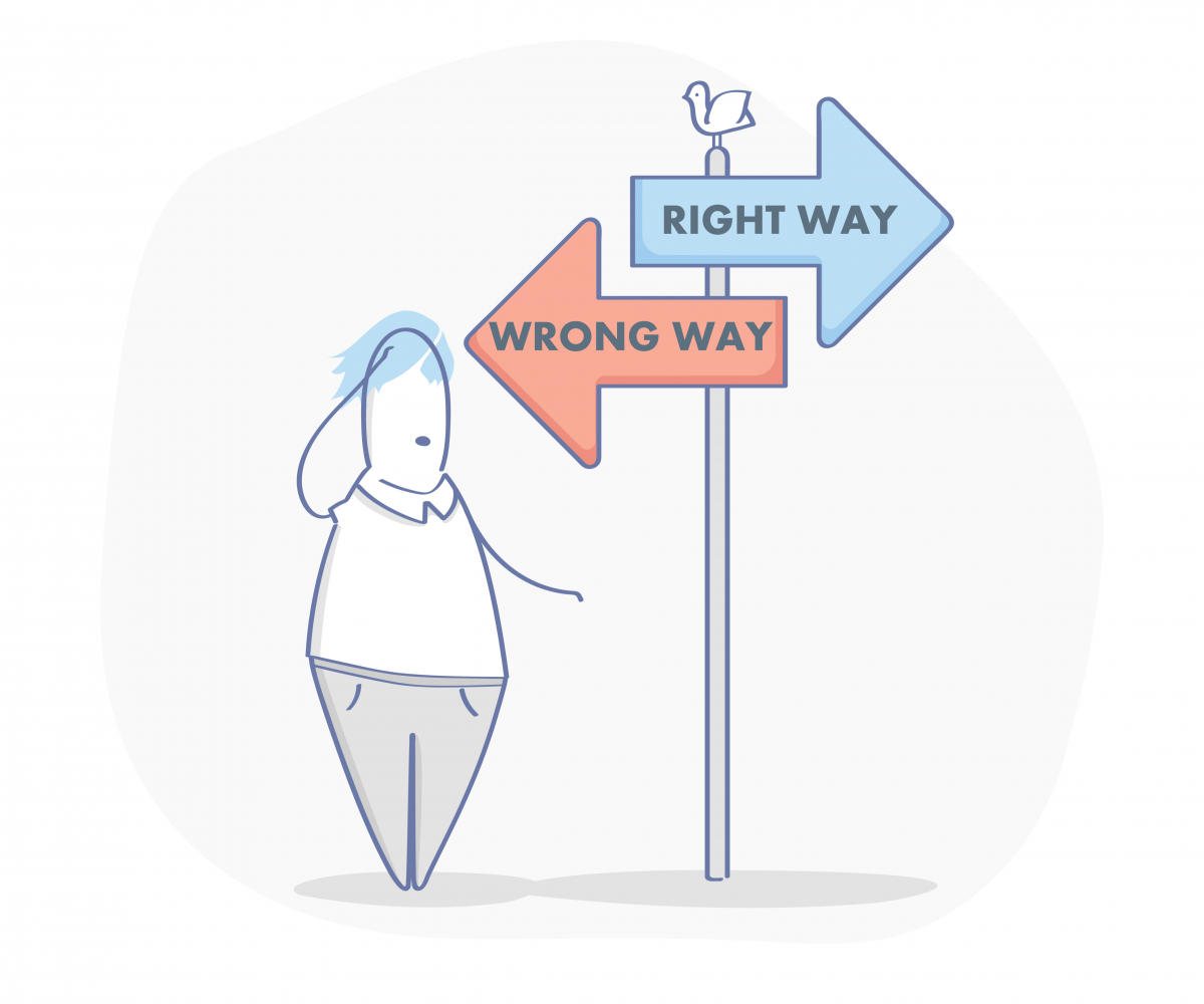 Person looking at a sign with two arrows: right way and wrong way