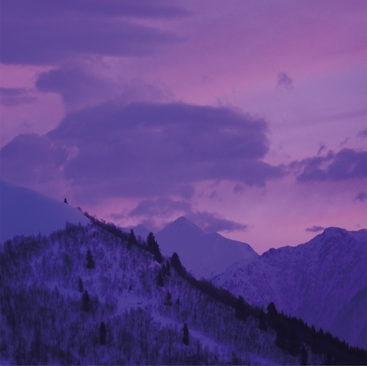 Sunset with purple and pink shades in the sky.