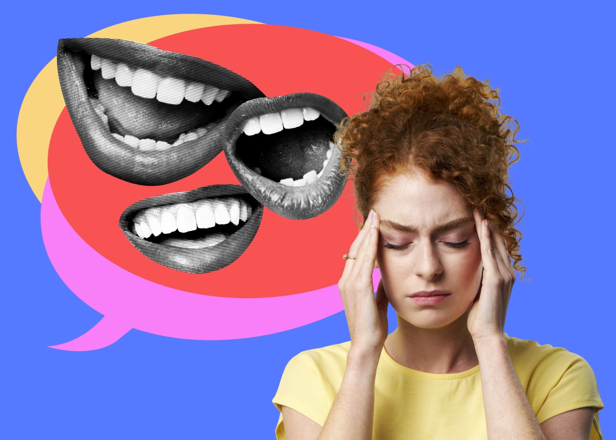 Woman holding temples with a stress headache surrounded by speech bubbles and cut outs of mouth.