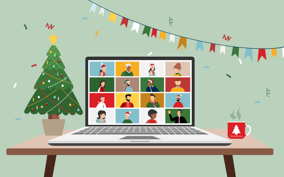 Illustration of a desk with a laptop screen with multi-cultural people on a zoom call and a Christmas tree and mug on the desk.