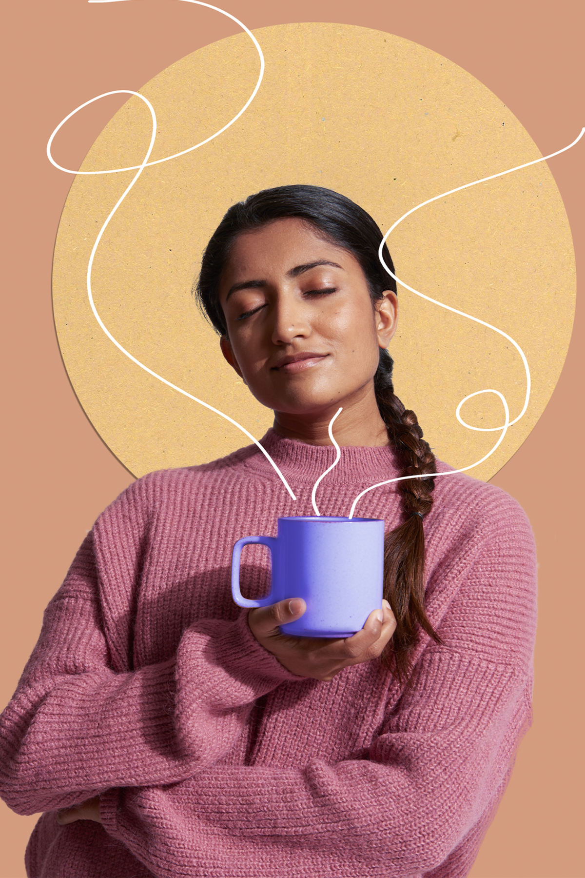 Image of a lady holding a mug with a circle in the background.