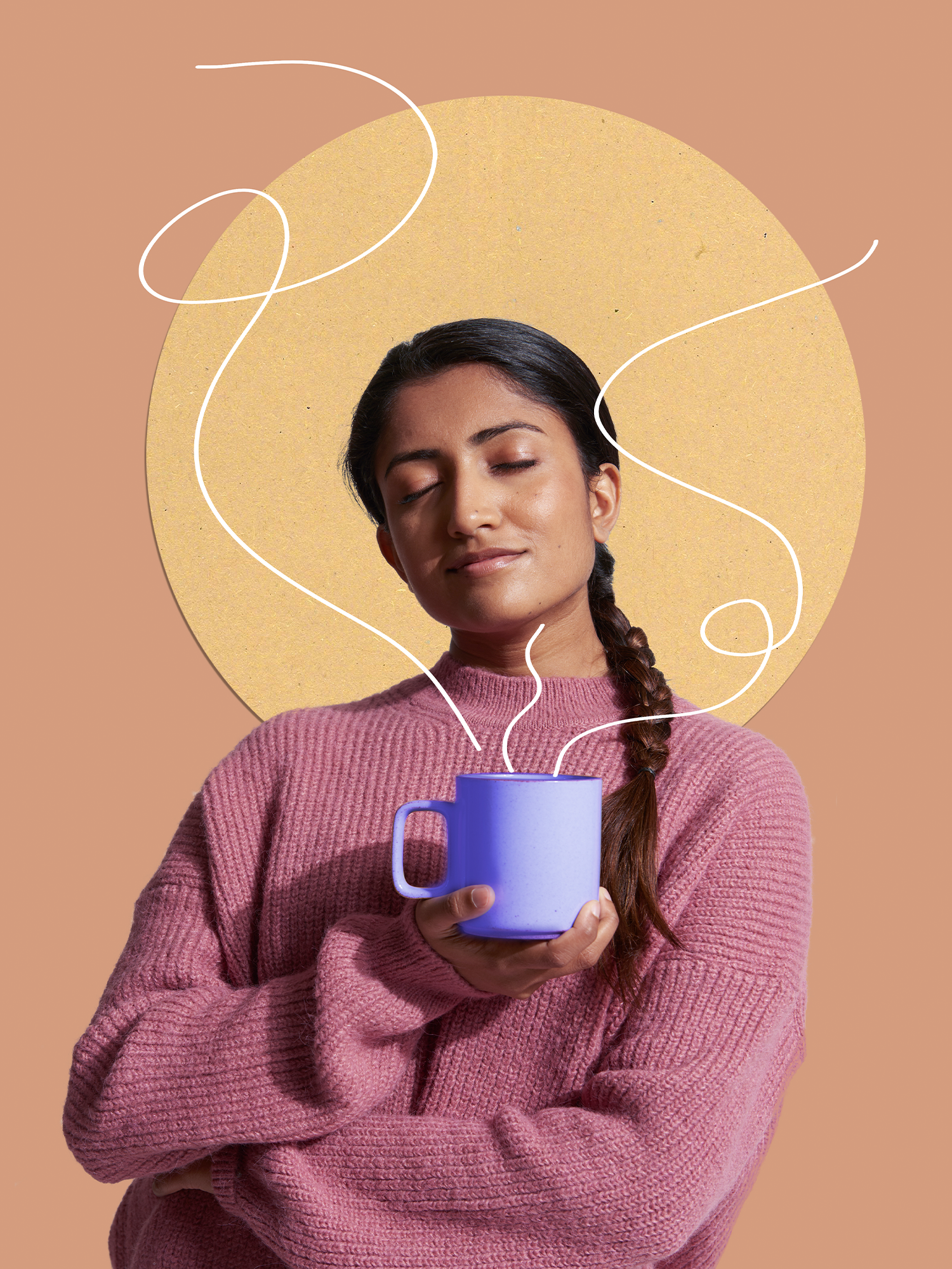 Image of a woman holding a cup of coffee with a brown and yellow sun background.