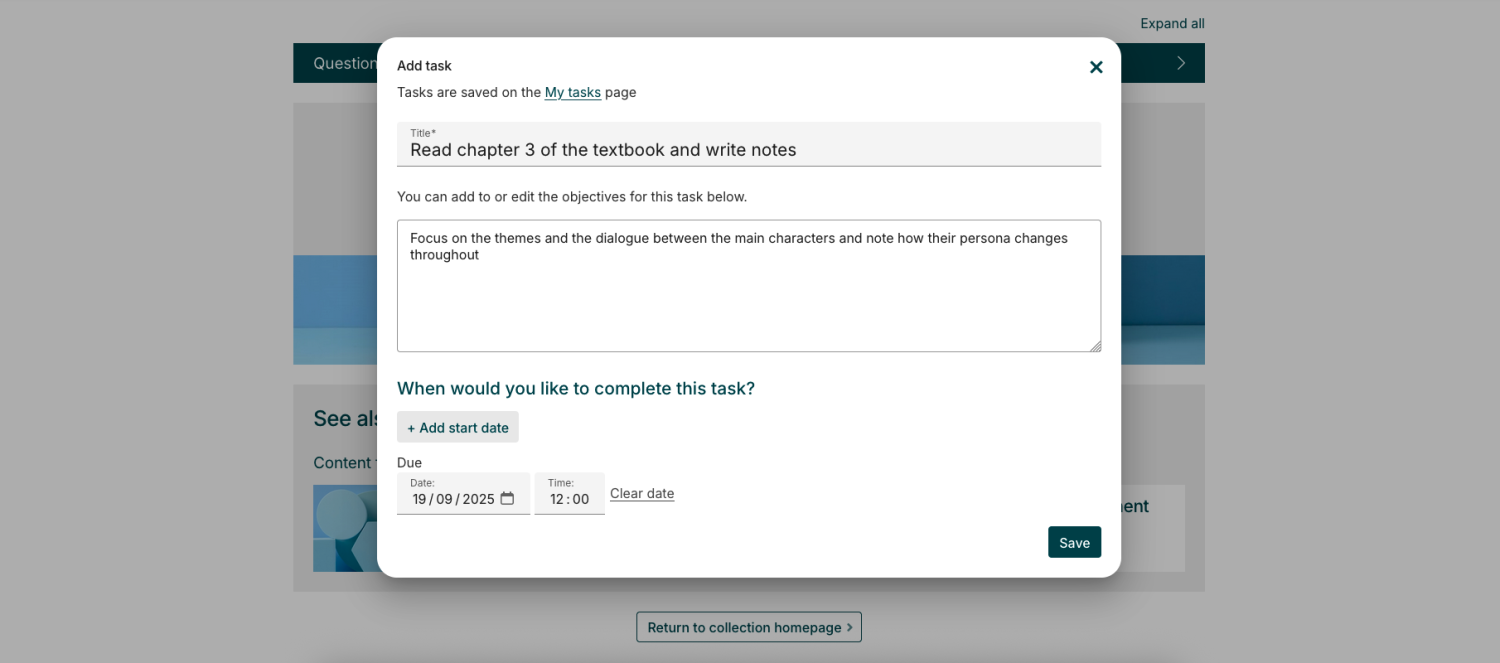 The add task popup displaying a title, description and task deadlines