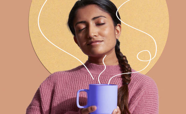 Image of a woman holding a cup of coffee with a brown and yellow sun background.