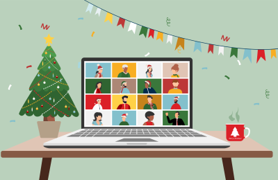 Illustration of a desk with a laptop screen with multi-cultural people on a zoom call and a Christmas tree and mug on the desk.