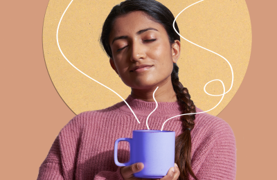 Image of a woman holding a cup of coffee with a brown and yellow sun background.