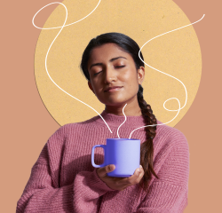 Image of a woman holding a cup of coffee with a brown and yellow sun background.